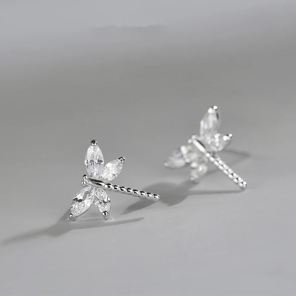 925 Sterling Silver CZ Dragonfly Stud Earrings - Picture 3 of 4